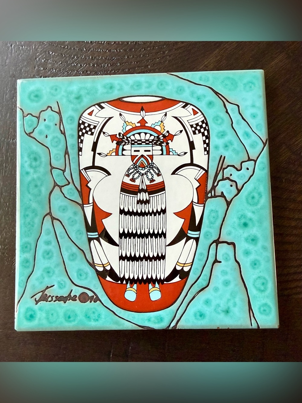 Vintage Cleo Teissedre Hand Painted Ceramic Tile Hopi Indian Art Trivet